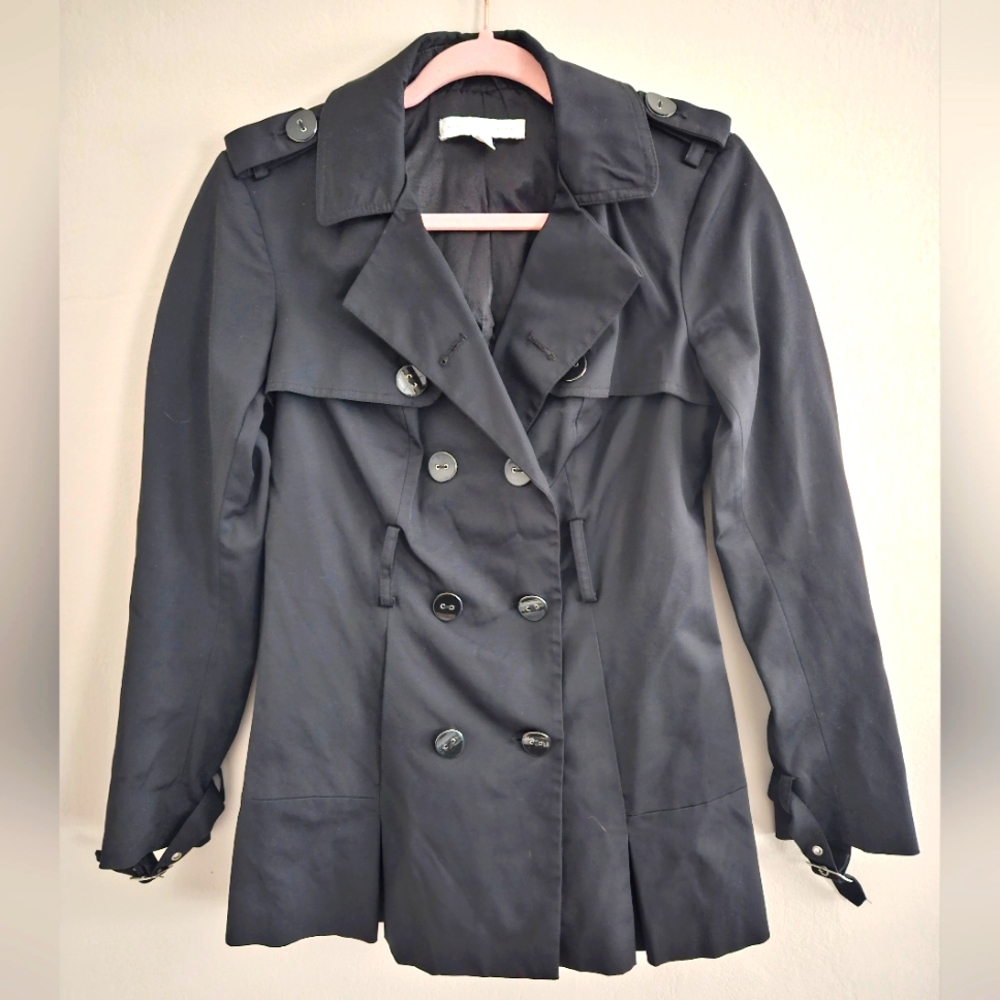 New York & Company Black Trench Coat Double-breasted Curved Buttons Size Small